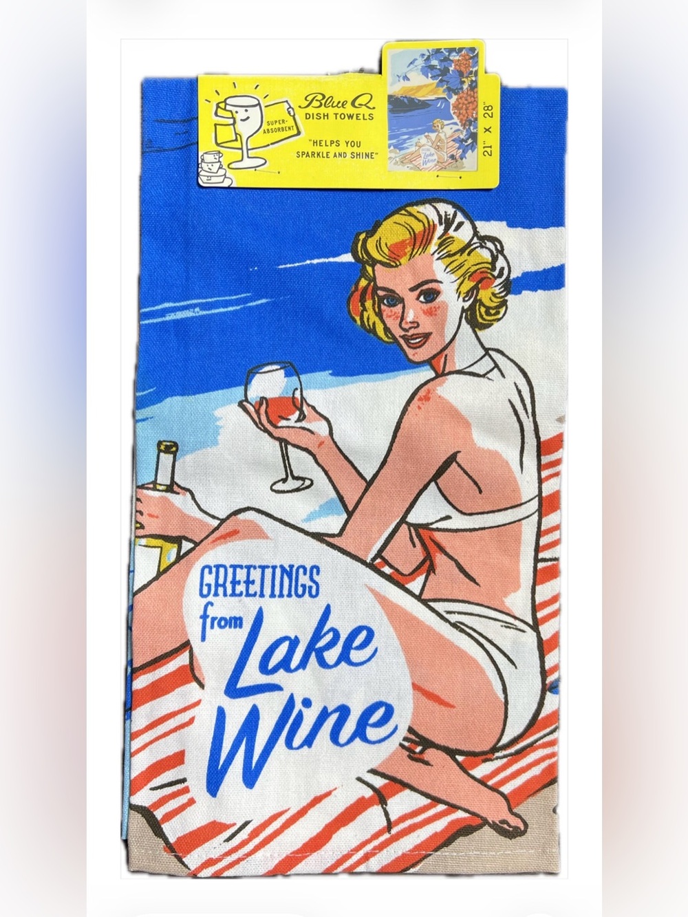 NWT Blue Q “Greetings from Lake Wine” Retro Dishtowel 100% Cotton